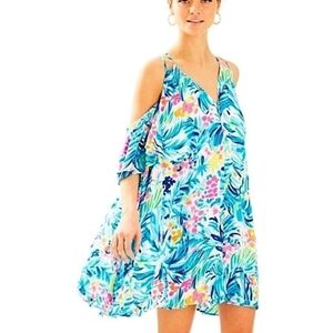 Lilly Pulitzer Dress Bellamie Open Cold Shoulder Serene Blue Tippy Top Small